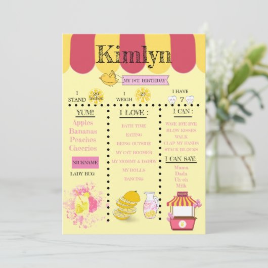 Gele 1e verjaardag limonade stand-geel save the date (Staand voorkant)