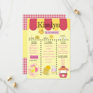 Gele 1e verjaardag limonade stand-geel save the date