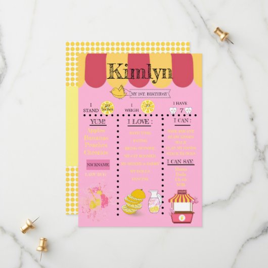 Gele 1e verjaardag limonade stand-geel save the date (Voorkant / Achterkant in situ)