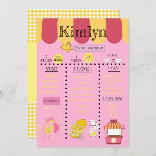 Gele 1e verjaardag limonade stand-geel save the date (Voorkant / Achterkant)