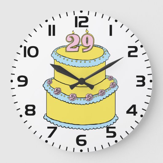 Gele 29e verjaardagstaart met roze rozen grote klok (Voorkant)