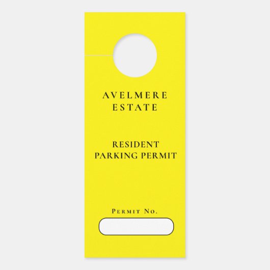 Gele aangepaste eigendom bewonersparkeerpermit deurhanger (Voorkant)