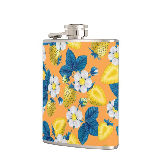 Gele aardbeien op sinaasappel heupfles (Links)