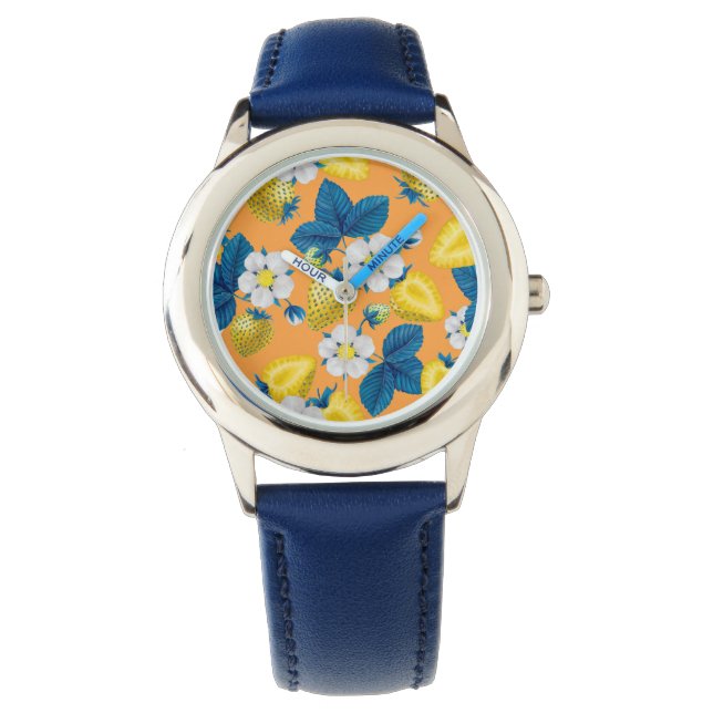 Gele aardbeien op sinaasappel horloge (Voorkant)