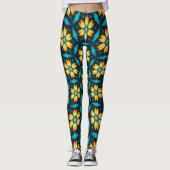Gele Abstracte bloemen Leggings (Voorkant)