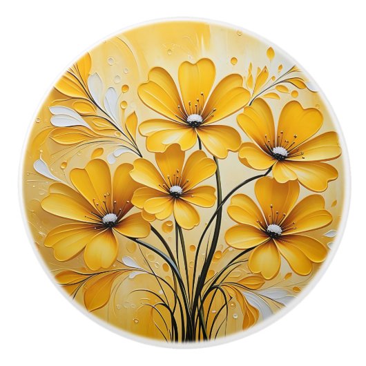 Gele Abstracte Waterverf Bloemen Keramische Knop (Voorkant)