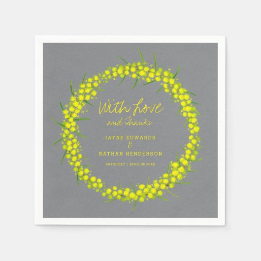 Gele acacacia spring bloemen grijze bruiloft serve servet (Voorkant)