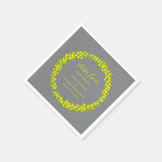 Gele acacacia spring bloemen grijze bruiloft serve servet (Hoek)