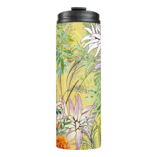 Gele achtergrond Bloemen Waterverf Patroon Thermosbeker (Voorkant)