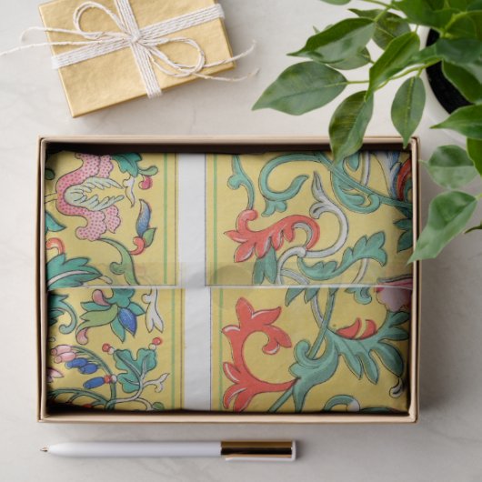 Gele achtergrond bloemenpapier tissuepapier (Geschenk)