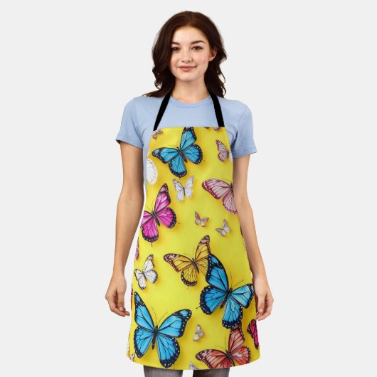 Gele achtergrond en vlinders schort (Gedragen)