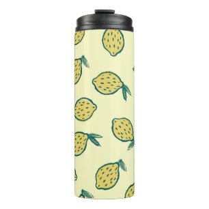 Gele achtergrond met citroenen. Lemon achtergrond Thermosbeker