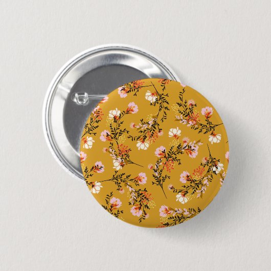 Gele achtergrondbloemen ronde button 5,7 cm (Voorkant /achterkant)