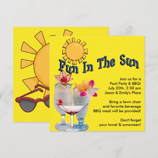 Gele Adult Pool Party BBQ Uitnodigingen (Voorkant / Achterkant)
