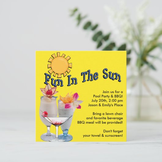 Gele Adult Pool Party BBQ Uitnodigingen (Staand voorkant)