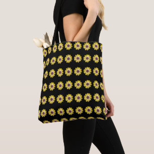 Gele Afrikaanse Madeliefjes Bloempatroon op Zwart Tote Bag