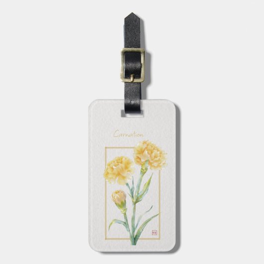 Gele anjer botanische aquarel aangepaste naam bagagelabel (Voorkant verticaal)