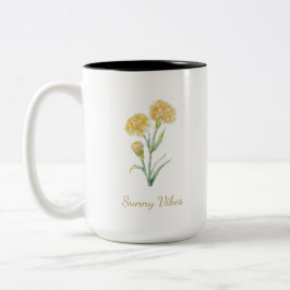 Gele anjer botanische aquarel aangepaste naam tweekleurige koffiemok