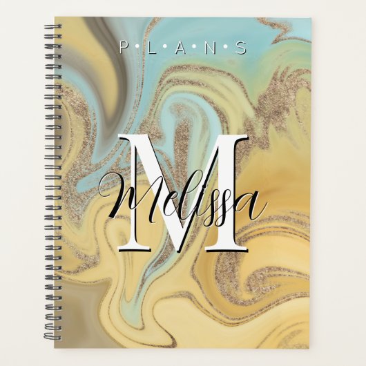 Gele Aqua Gold Modern Monogram Abstracte Planner (Voorkant)