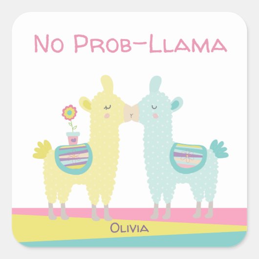 Gele aqua lama kussen schattig kawaii meisjesschoo vierkante sticker (Voorkant)
