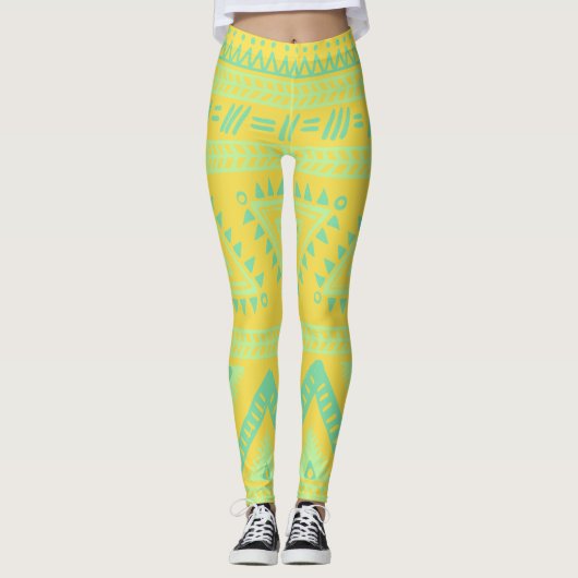 Gele Aqua Tribal Patroonpatronen Leggings (Voorkant)
