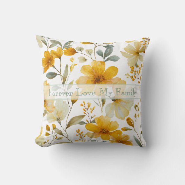 Gele Aquarel Bloemige Botanische Bewerkbare Tekst Kussen (Voorkant)