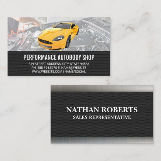 Gele auto | Mechanisch Visitekaartje (Voorkant / Achterkant)