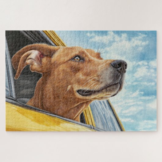 Gele auto met blije hond kunstprint legpuzzel (Horizontaal)