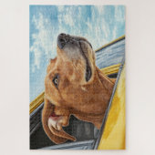 Gele auto met blije hond kunstprint legpuzzel (Verticaal)
