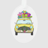 Gele auto met kerstcadeaus ornament (achterkant)