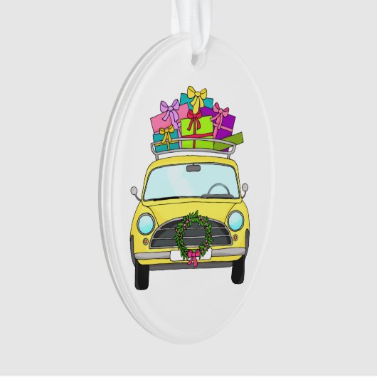 Gele auto met kerstcadeaus ornament (voorkant)