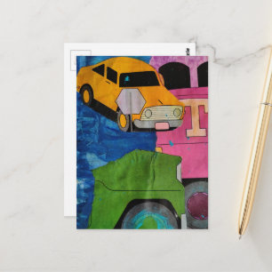 Gele auto roze en groene vrachtwagen mixed media c briefkaart