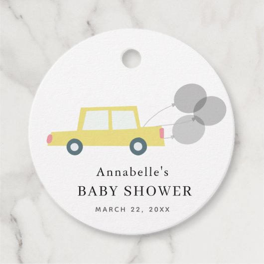 Gele Autoballonnen Wit Baby shower Bedankjes Labels (Voorkant)