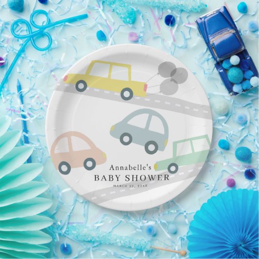 Gele Autoballonnen Wit Baby shower Papieren Bordje (Feest)