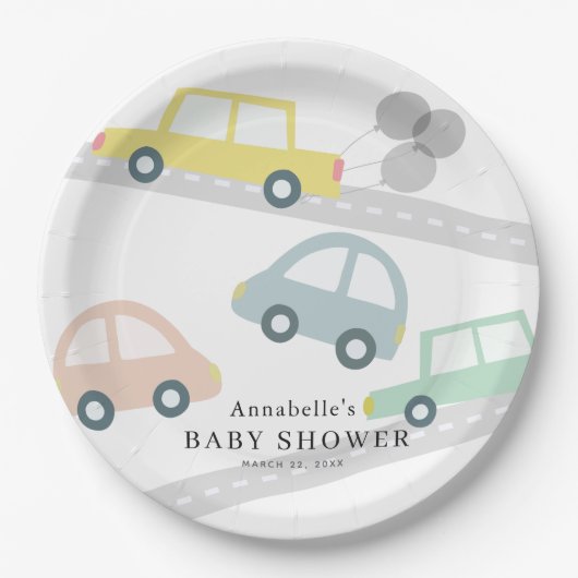 Gele Autoballonnen Wit Baby shower Papieren Bordje (Voorkant)