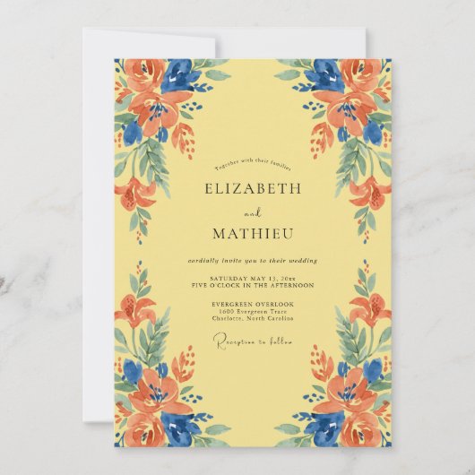 Gele Azure Wilde Bloemen Bruiloft Kaart (Voorkant)