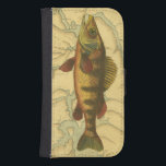 Gele baars op kaart galaxy s4 portemonnee hoesje<br><div class="desc">Deze afdruk illustreert een artistiek afbeelding van een gele baardvis. De achtergrond toont een  geografische kaart in lichtbeige kleuren. Het bruine lijst lijkt op een oud houten patroon met gele rode bloemen in de randen. Een geweldige aanvulling op je collectie!</div>