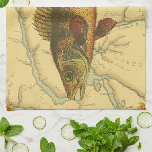 Gele baars op kaart theedoek (Gevouwen)