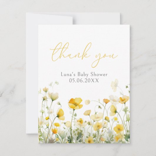 Gele Baby in bloei Wildflower Baby shower plat Bedankkaart (Voorkant)
