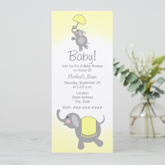 Gele Baby shower moeder en Baby olifant uitnodigen Kaart (Staand voorkant)