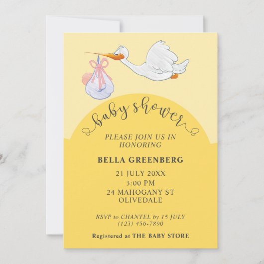 Gele Baby showers ooievaar uitnodiging (Voorkant)