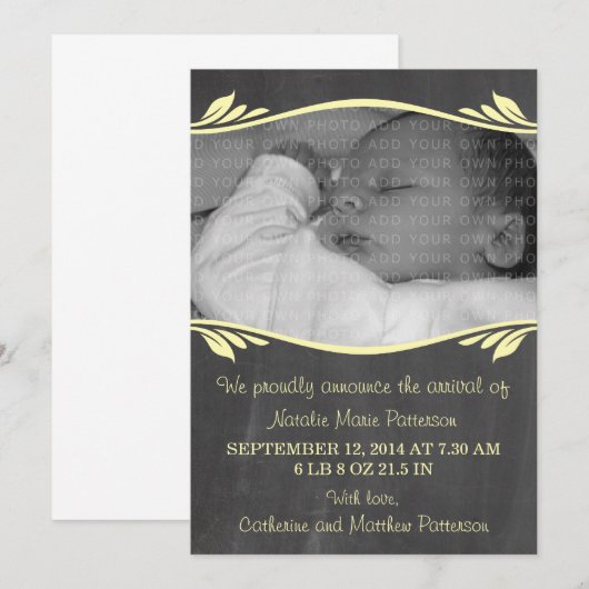 Gele Baby van Elegant Chalkboard Aankondiging (Voorkant / Achterkant)