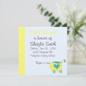 Gele babybuggy baby shower kaart (Staand voorkant)