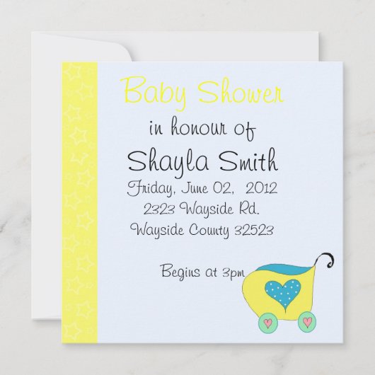 Gele babybuggy baby shower kaart (Voorkant)