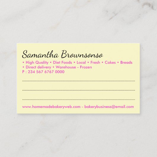 Gele bakkerij bakkerij bakkerij bakkerij bakkerijk visitekaartje (Achterkant)