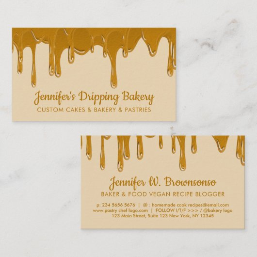 Gele bakkerijborst Abstracte druppelhoning Visitekaartje (Voorkant / Achterkant)