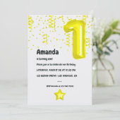 Gele ballon 1st Birthday Party Invitation Kaart (Staand voorkant)