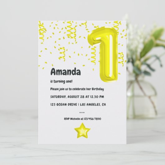 Gele ballon 1st Birthday Party Invitation Kaart (Staand voorkant)