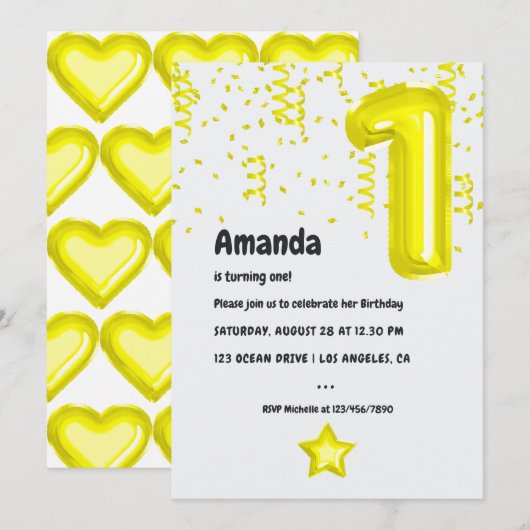 Gele ballon 1st Birthday Party Invitation Kaart (Voorkant / Achterkant)