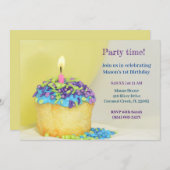 Gele Ballon blauwe cupcake Verjaardag Uitnodiging (Voorkant / Achterkant)